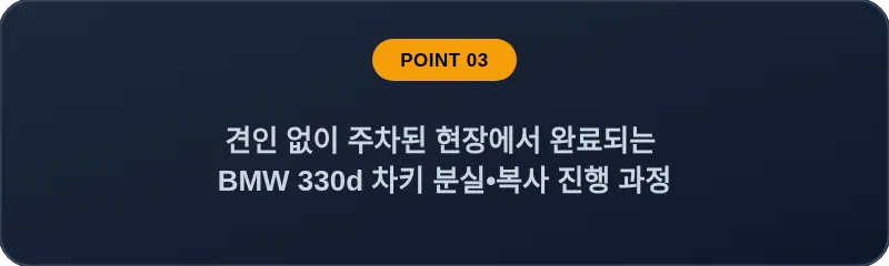 견인 없이 주차된 현장에서 완료되는 BMW 330d 차키 분실, 스마트키 복사 진행 과정
