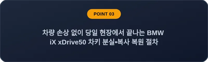 차량 손상 없이 당일 현장에서 끝나는 BMW iX xDrive50 차키 분실, 스마트키 복사 복원 절차