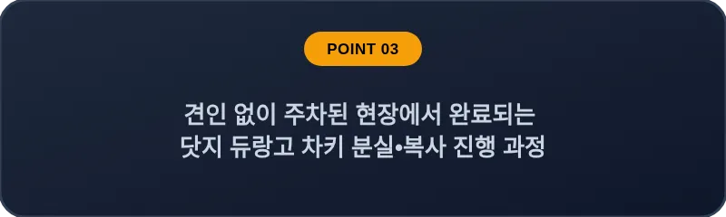 견인 없이 주차된 현장에서 완료되는 닷지 듀랑고 차키 분실, 스마트키 복사 진행 과정