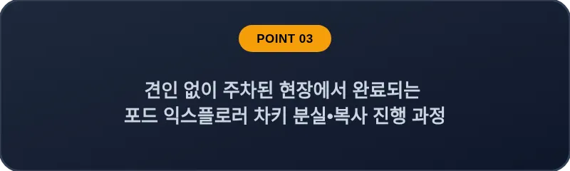 견인 없이 주차된 현장에서 완료되는 포드 익스플로러 차키 분실, 스마트키 복사 진행 과정