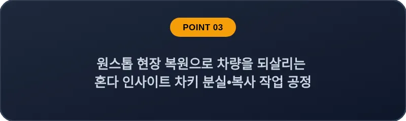 원스톱 현장 복원으로 차량을 되살리는 혼다 인사이트 차키 분실, 스마트키 복사 작업 공정