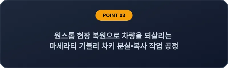 원스톱 현장 복원으로 차량을 되살리는 마세라티 기블리 차키 분실•복사 작업 공정
