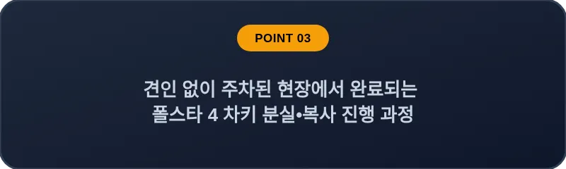 견인 없이 주차된 현장에서 완료되는 폴스타 4 차키 분실•복사 진행 과정