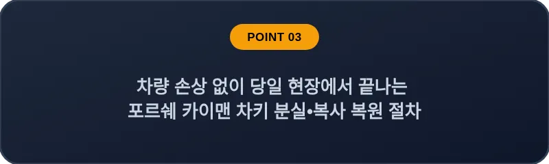 차량 손상 없이 당일 현장에서 끝나는 포르쉐 카이맨 차키 분실•복사 복원 절차