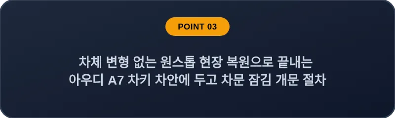 차체 변형 없는 원스톱 현장 복원으로 끝내는 아우디 A7 차키 차안에 두고 차문 잠김 개문 절차