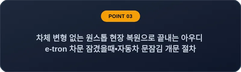 차체 변형 없는 원스톱 현장 복원으로 끝내는 아우디 e-tron 차문 잠겼을때 자동차 문잠김 개문 절차