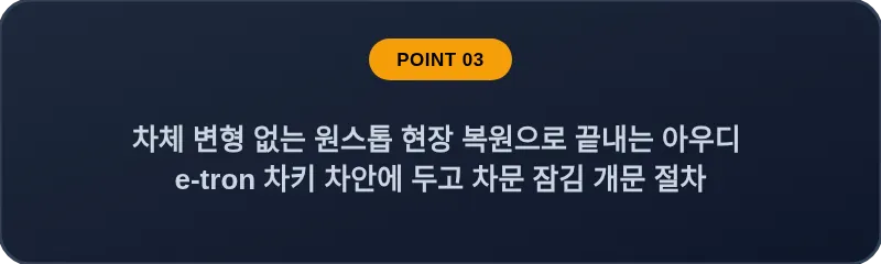 차체 변형 없는 원스톱 현장 복원으로 끝내는 아우디 e-tron 차키 차안에 두고 차문 잠김 개문 절차