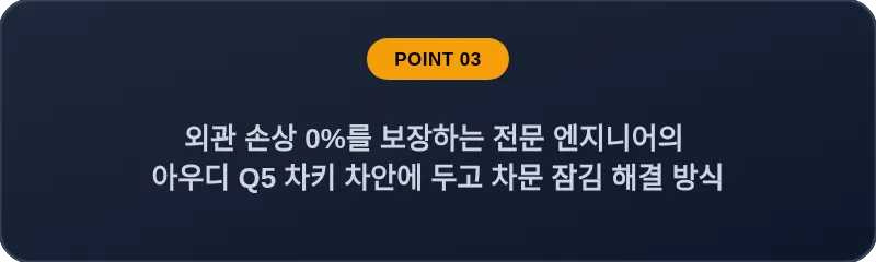 외관 손상 0%를 보장하는 전문 엔지니어의 아우디 Q5 차키 차안에 두고 차문 잠김 해결 방식