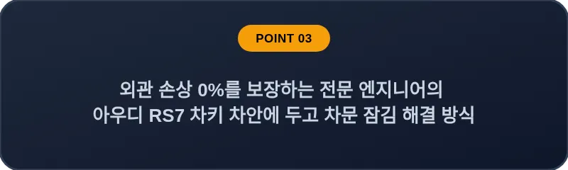 외관 손상 0%를 보장하는 전문 엔지니어의 아우디 RS7 차키 차안에 두고 차문 잠김 해결 방식