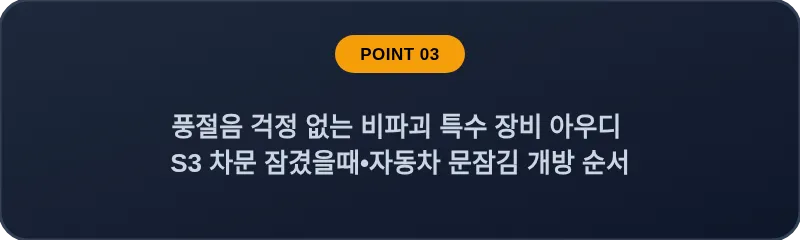 풍절음 걱정 없는 비파괴 특수 장비 아우디 S3 차문 잠겼을때 자동차 문잠김 개방 순서