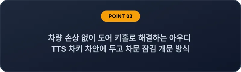 차량 손상 없이 도어 키홀로 해결하는 아우디 TTS 차키 차안에 두고 차문 잠김 개문 방식