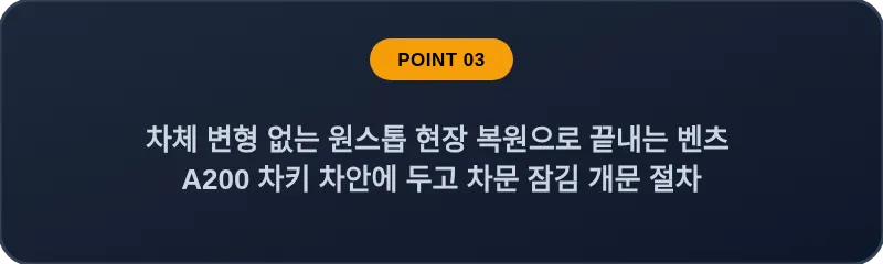 차체 변형 없는 원스톱 현장 복원으로 끝내는 벤츠 A200 차키 차안에 두고 차문 잠김 개문 절차