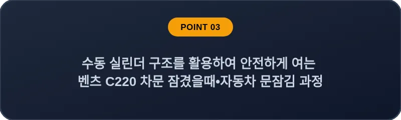 수동 실린더 구조를 활용하여 안전하게 여는 벤츠 C220 차문 잠겼을때 자동차 문잠김 과정