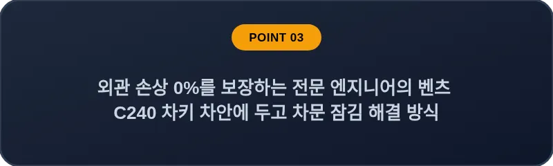 외관 손상 0%를 보장하는 전문 엔지니어의 벤츠 C240 차키 차안에 두고 차문 잠김 해결 방식
