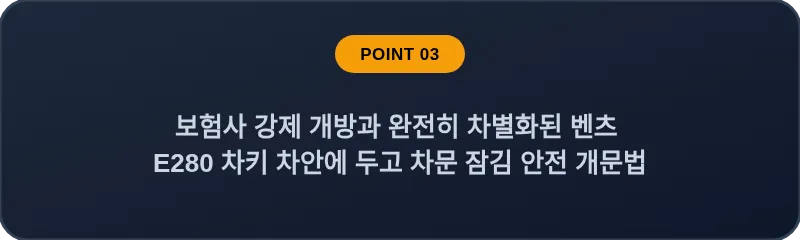 보험사 강제 개방과 완전히 차별화된 벤츠 E280 차키 차안에 두고 차문 잠김 안전 개문법