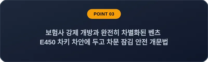 보험사 강제 개방과 완전히 차별화된 벤츠 E450 차키 차안에 두고 차문 잠김 안전 개문법