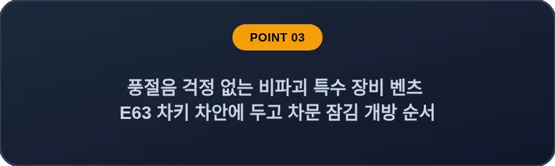 풍절음 걱정 없는 비파괴 특수 장비 벤츠 E63 차키 차안에 두고 차문 잠김 개방 순서