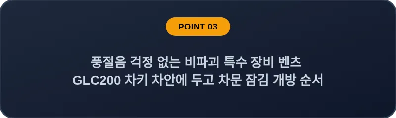 풍절음 걱정 없는 비파괴 특수 장비 벤츠 GLC200 차키 차안에 두고 차문 잠김 개방 순서