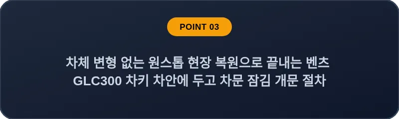 차체 변형 없는 원스톱 현장 복원으로 끝내는 벤츠 GLC300 차키 차안에 두고 차문 잠김 개문 절차