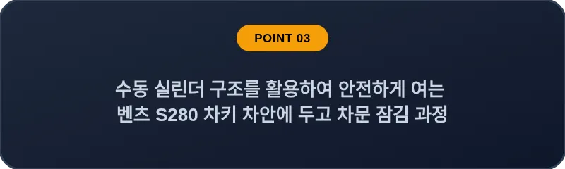 수동 실린더 구조를 활용하여 안전하게 여는 벤츠 S280 차키 차안에 두고 차문 잠김 과정