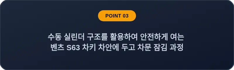 수동 실린더 구조를 활용하여 안전하게 여는 벤츠 S63 차키 차안에 두고 차문 잠김 과정