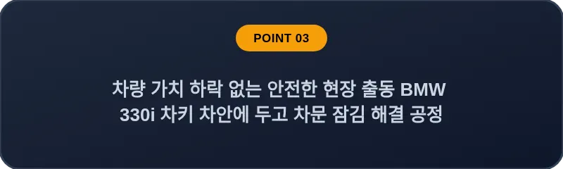 차량 가치 하락 없는 안전한 현장 출동 BMW 330i 차키 차안에 두고 차문 잠김 해결 공정