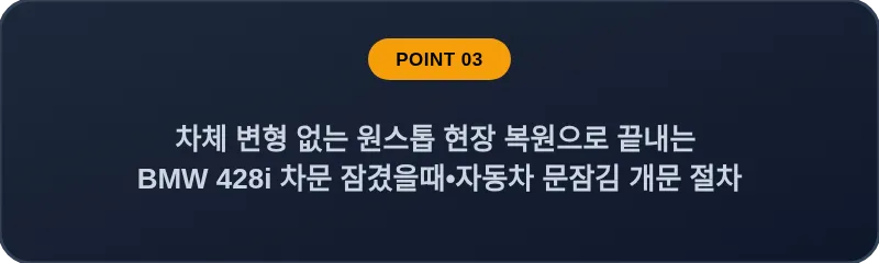 차체 변형 없는 원스톱 현장 복원으로 끝내는 BMW 428i 차문 잠겼을때 자동차 문잠김 개문 절차