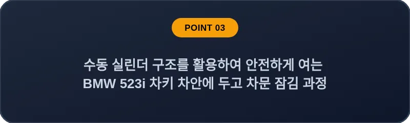 수동 실린더 구조를 활용하여 안전하게 여는 BMW 523i 차키 차안에 두고 차문 잠김 과정