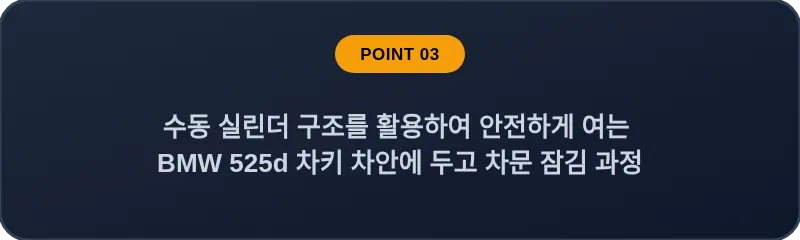 수동 실린더 구조를 활용하여 안전하게 여는 BMW 525d 차키 차안에 두고 차문 잠김 과정