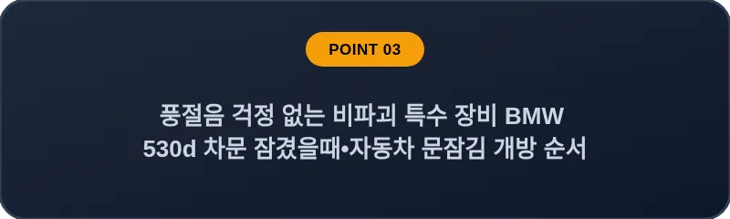 풍절음 걱정 없는 비파괴 특수 장비 BMW 530d 차문 잠겼을때 자동차 문잠김 개방 순서