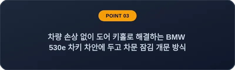 차량 손상 없이 도어 키홀로 해결하는 BMW 530e 차키 차안에 두고 차문 잠김 개문 방식