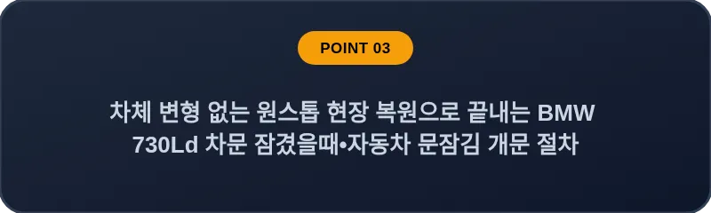 차체 변형 없는 원스톱 현장 복원으로 끝내는 BMW 730Ld 차문 잠겼을때 자동차 문잠김 개문 절차