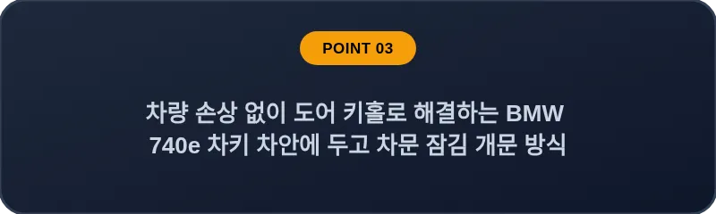 차량 손상 없이 도어 키홀로 해결하는 BMW 740e 차키 차안에 두고 차문 잠김 개문 방식