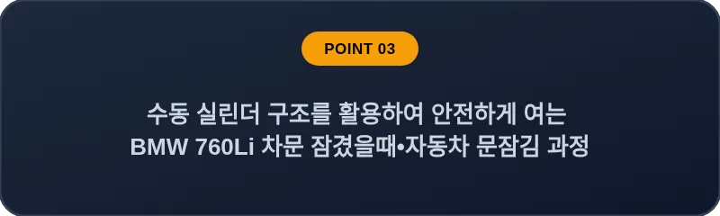 수동 실린더 구조를 활용하여 안전하게 여는 BMW 760Li 차문 잠겼을때 자동차 문잠김 과정