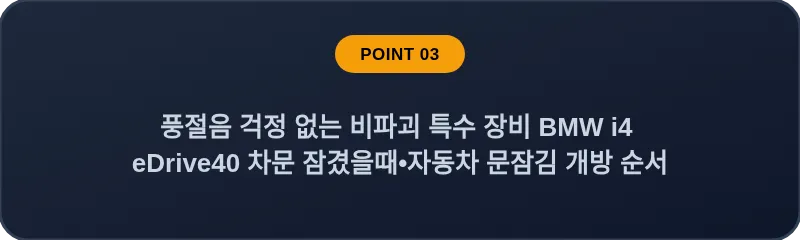 풍절음 걱정 없는 비파괴 특수 장비 BMW i4 eDrive40 차문 잠겼을때 자동차 문잠김 개방 순서