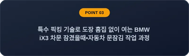 특수 픽킹 기술로 도장 흠집 없이 여는 BMW iX3 차문 잠겼을때 자동차 문잠김 작업 과정