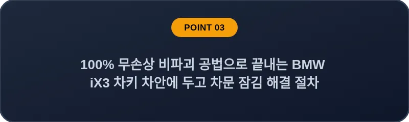 100% 무손상 비파괴 공법으로 끝내는 BMW iX3 차키 차안에 두고 차문 잠김 해결 절차