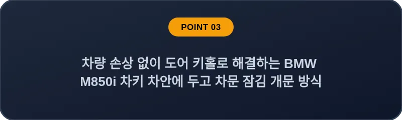 차량 손상 없이 도어 키홀로 해결하는 BMW M850i 차키 차안에 두고 차문 잠김 개문 방식