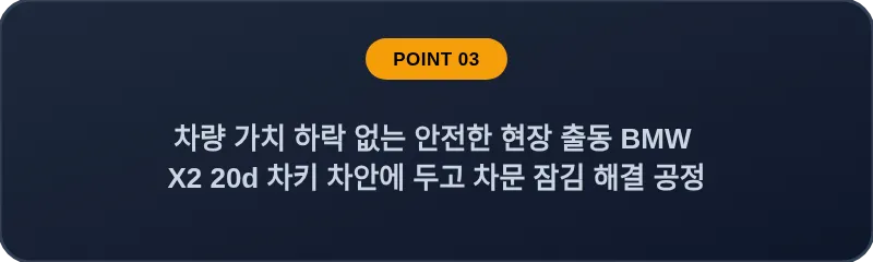 차량 가치 하락 없는 안전한 현장 출동 BMW X2 20d 차키 차안에 두고 차문 잠김 해결 공정