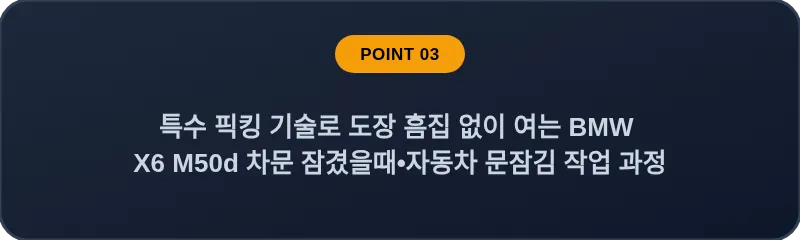 특수 픽킹 기술로 도장 흠집 없이 여는 BMW X6 M50d 차문 잠겼을때 자동차 문잠김 작업 과정