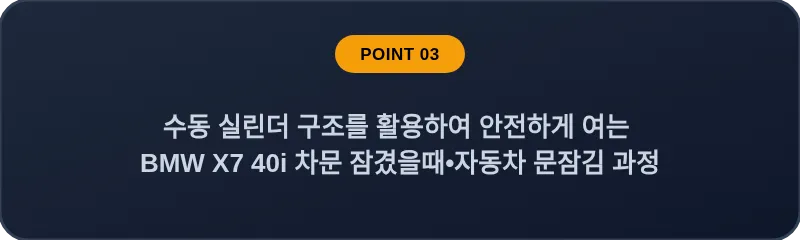 수동 실린더 구조를 활용하여 안전하게 여는 BMW X7 40i 차문 잠겼을때 자동차 문잠김 과정