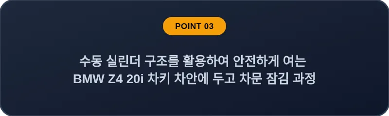 수동 실린더 구조를 활용하여 안전하게 여는 BMW Z4 20i 차키 차안에 두고 차문 잠김 과정