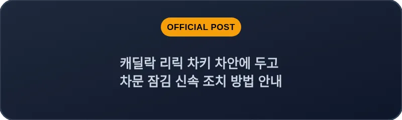 캐딜락 리릭 차키 차안에 두고 차문 잠김 신속 조치 방법 안내