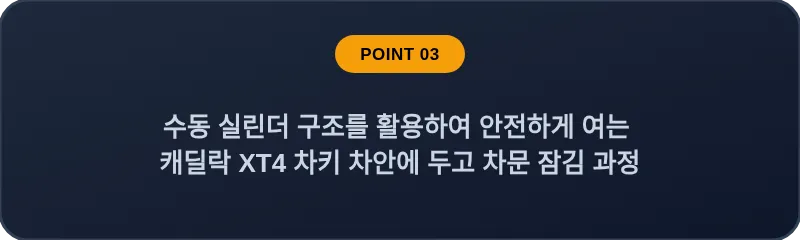 수동 실린더 구조를 활용하여 안전하게 여는 캐딜락 XT4 차키 차안에 두고 차문 잠김 과정