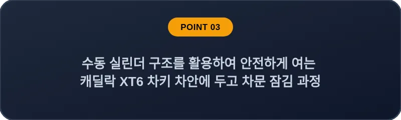 수동 실린더 구조를 활용하여 안전하게 여는 캐딜락 XT6 차키 차안에 두고 차문 잠김 과정