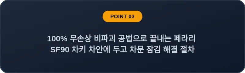 100% 무손상 비파괴 공법으로 끝내는 페라리 SF90 차키 차안에 두고 차문 잠김 해결 절차