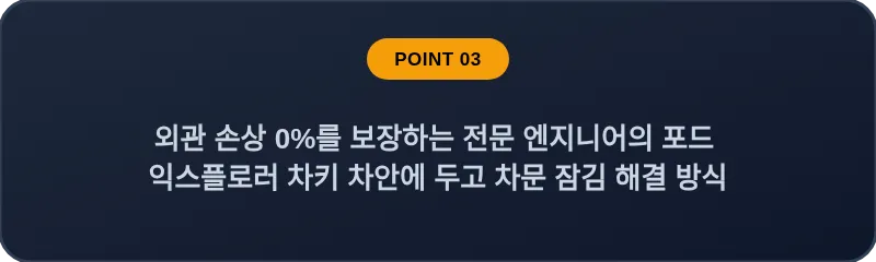 외관 손상 0%를 보장하는 전문 엔지니어의 포드 익스플로러 차키 차안에 두고 차문 잠김 해결 방식