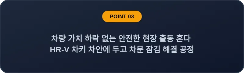 차량 가치 하락 없는 안전한 현장 출동 혼다 HR-V 차키 차안에 두고 차문 잠김 해결 공정