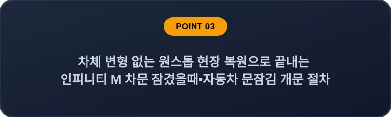차체 변형 없는 원스톱 현장 복원으로 끝내는 인피니티 M 차문 잠겼을때•자동차 문잠김 개문 절차