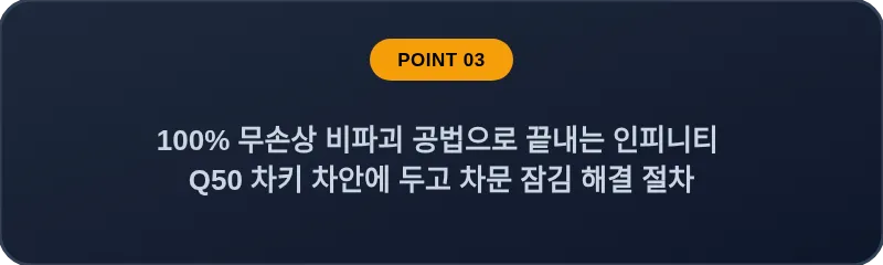 100% 무손상 비파괴 공법으로 끝내는 인피니티 Q50 차키 차안에 두고 차문 잠김 해결 절차